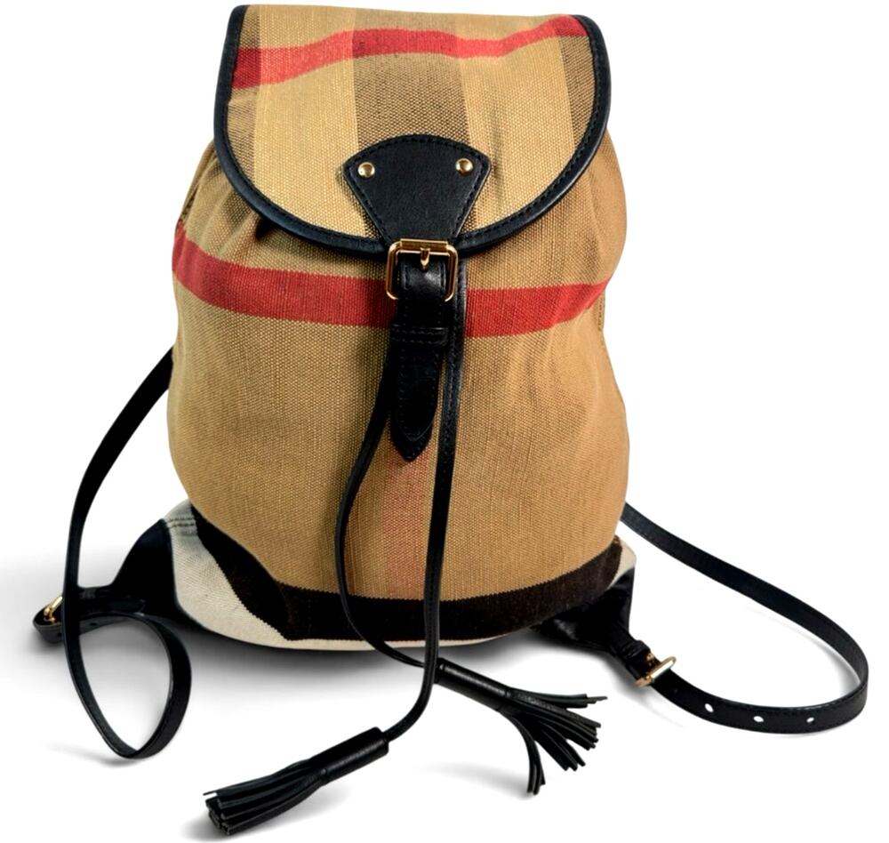 Burberry Vintage Nova Check Cloth Backpack with Black Leather Trim and Straps